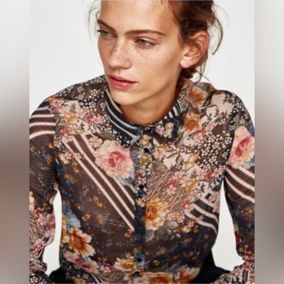 Zara Tops Zara Semi Sheer Floral Button Down Shirt Poshmark